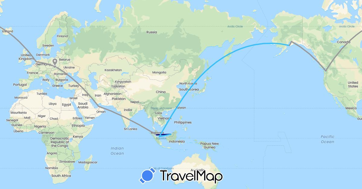 TravelMap itinerary: driving, plane, boat in United Arab Emirates, Malaysia, Netherlands, Poland, Singapore, United States (Asia, Europe, North America)